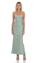 Satin Sweetheart Neck Maxi Dress in Sage Green